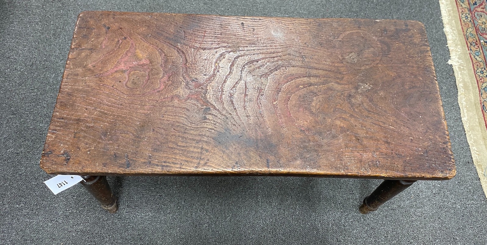 A Thames Valley oak and beech stool, The seat stamped Holland & Sons, width 77cm